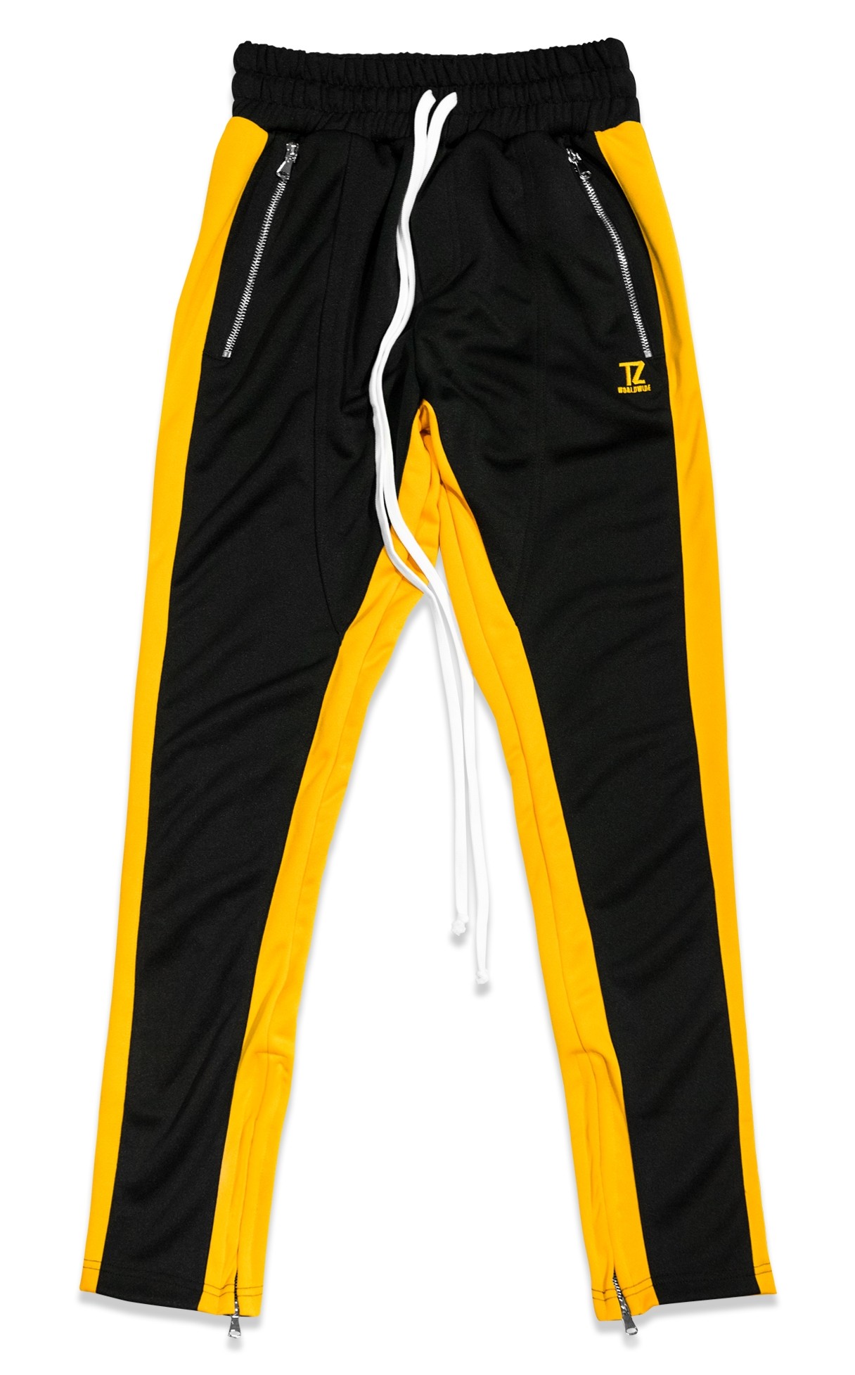 yellow track pants with black stripe