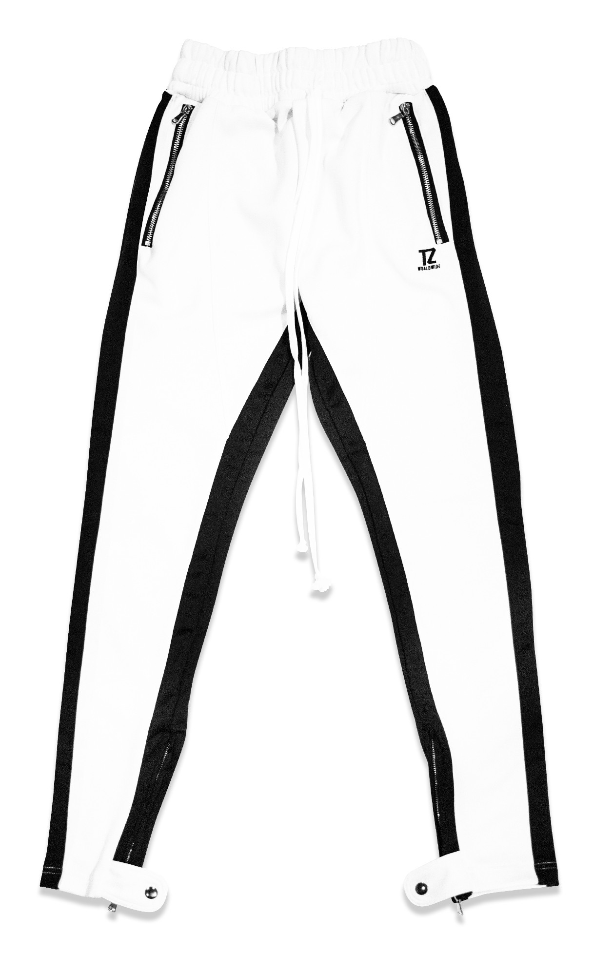 black track pants with white stripe