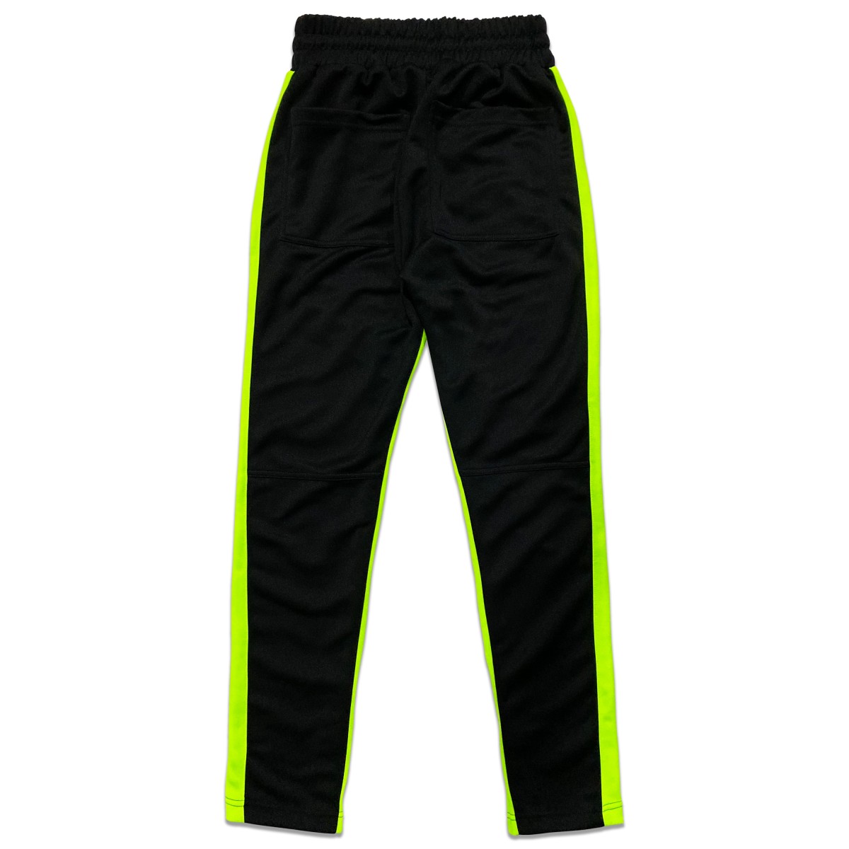 Black and neon store green track pants